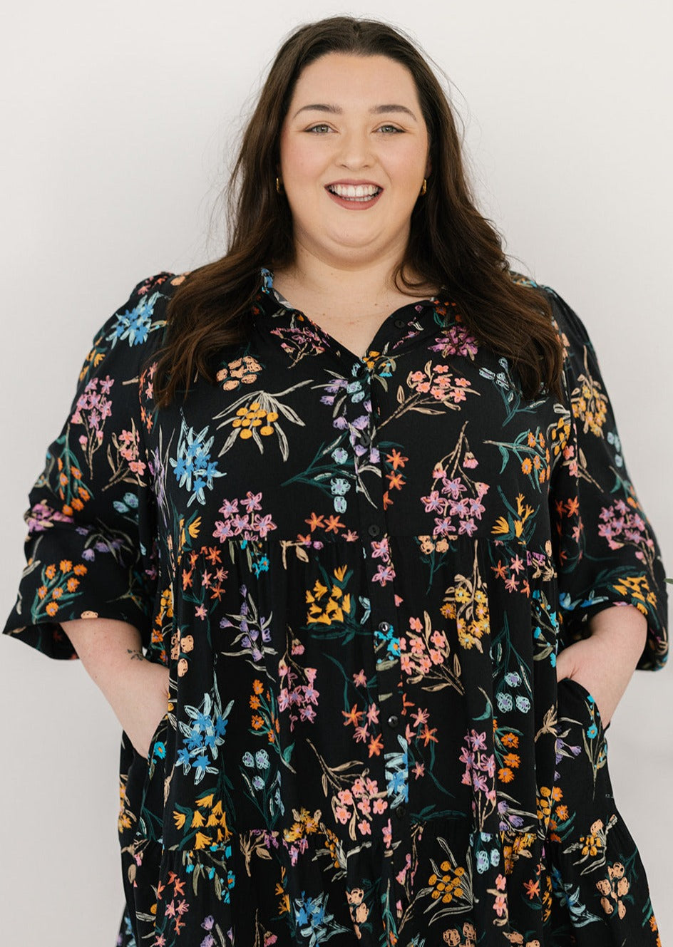 plus-size knee-length button-down black and floral dress with pockets and long sleeves