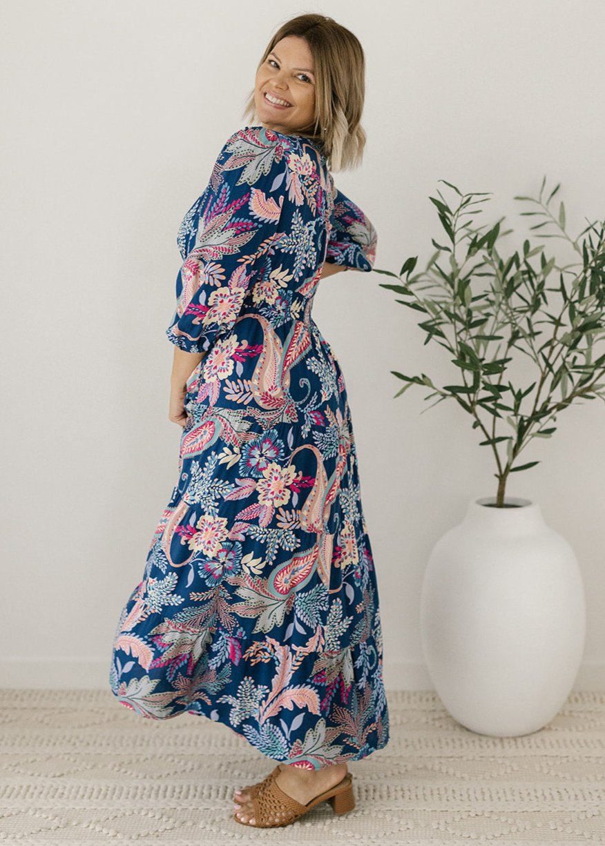 navy and pink paisley-print midi dress with pockets