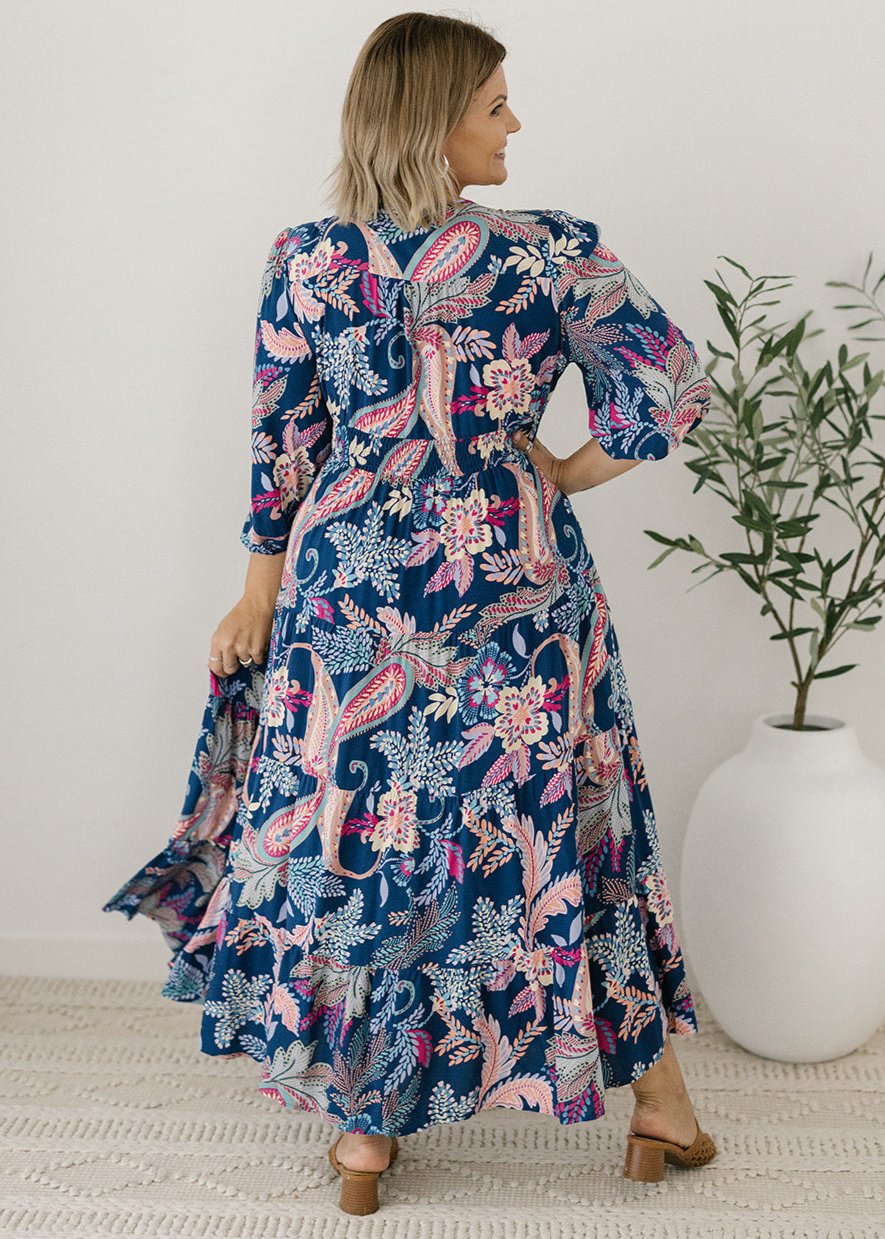 navy and pink paisley-print midi dress for women