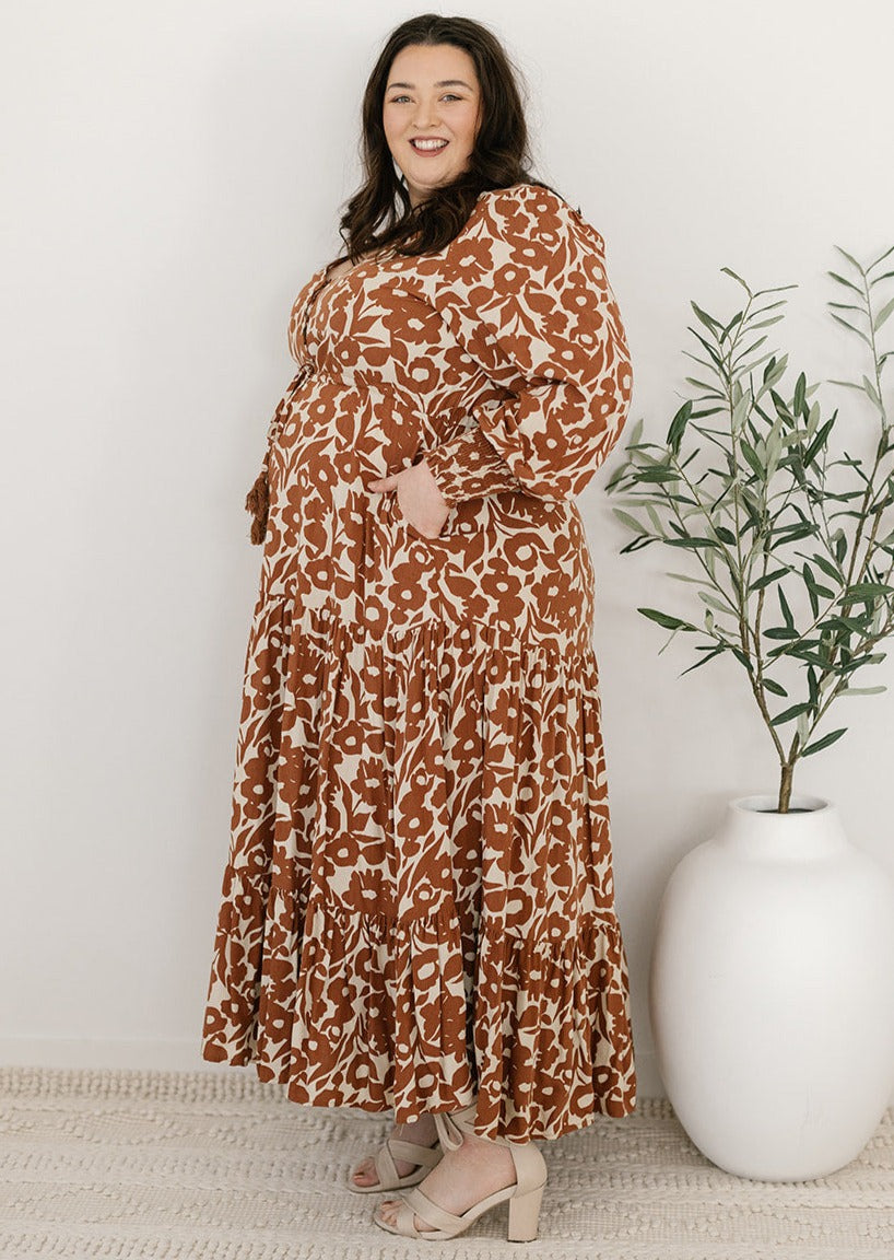 Plus-size brown floral maxi dress with drawstring waist