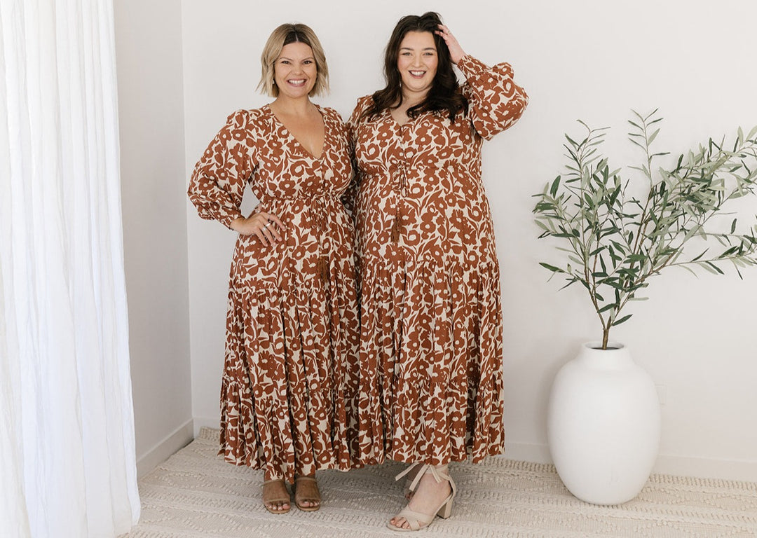 Breast-feeding friendly brown floral maxi dress