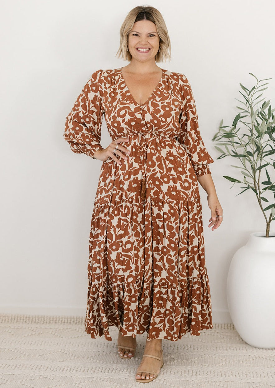 Brown floral maxi dress with long sleeves