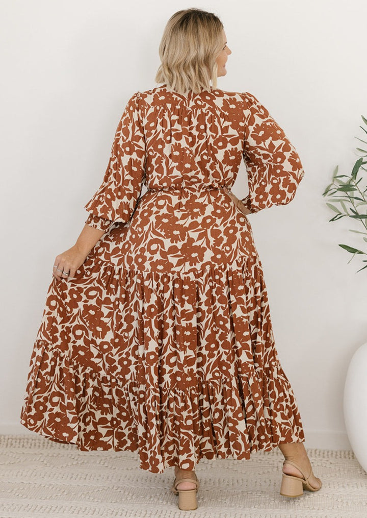 Bump-friendly brown floral maxi dress