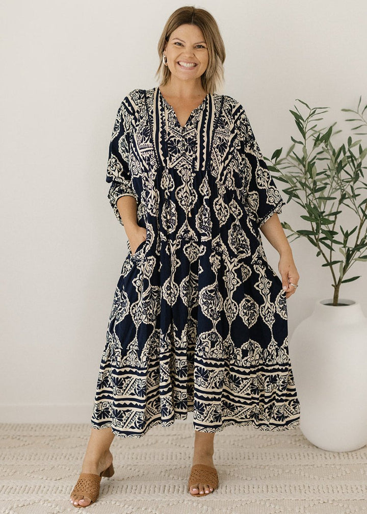 navy and cream damask smock-style maxi dress