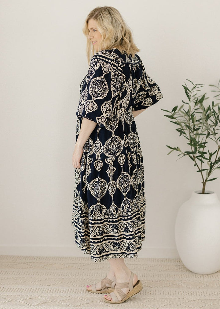 plus-size navy and cream damask-print maxi dress with pockets