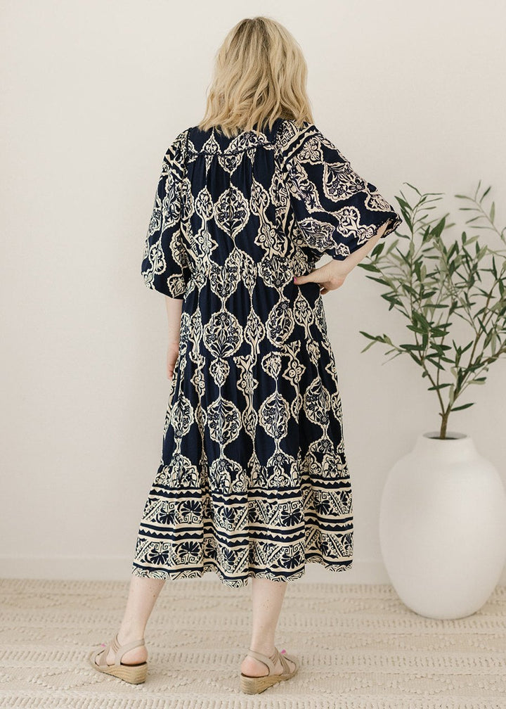 navy and cream damask smock-style maxi dress for women