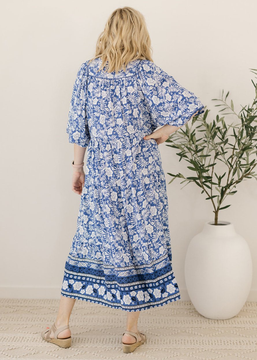 blue and white floral smock-style maxi dress for women