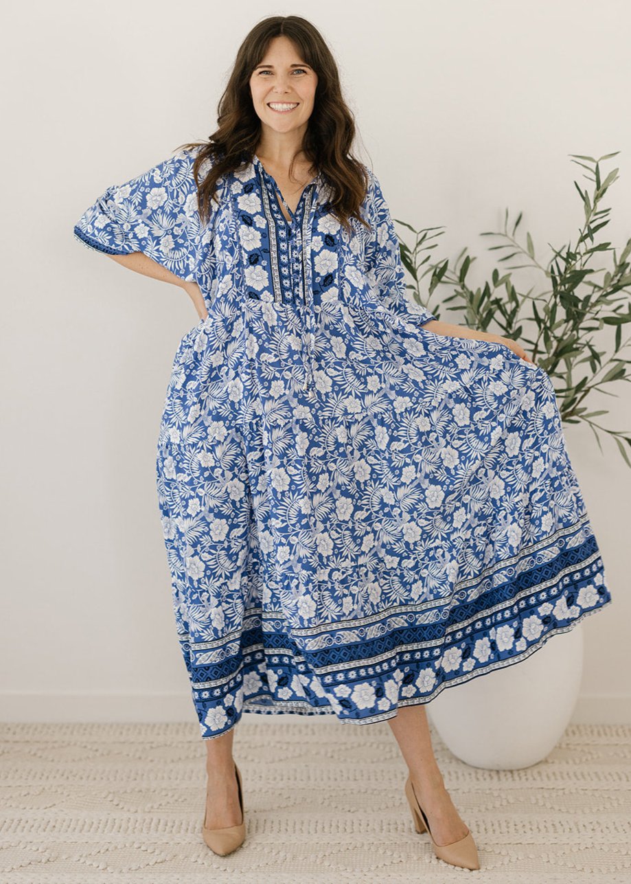 blue and white floral smock-style maxi dress