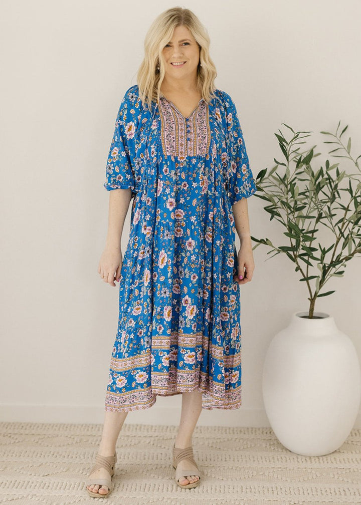 blue floral smock-style maxi dress