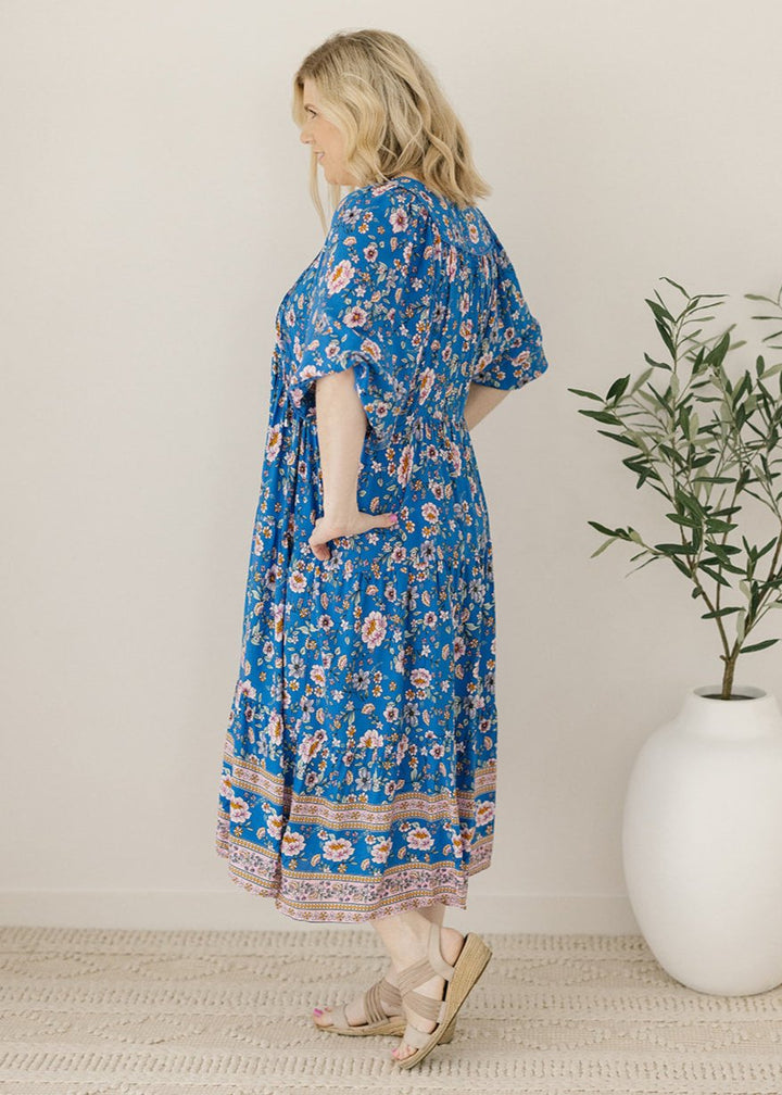 breast-feeding friendly flowy floral smock dress with pockets