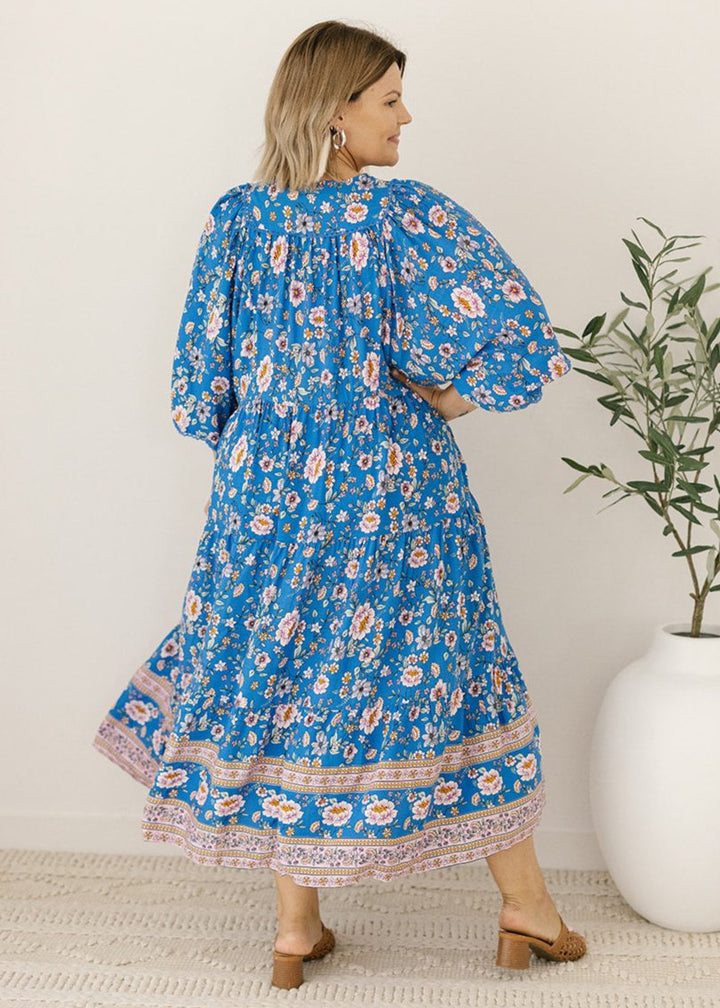 blue floral smock-style maxi dress for women