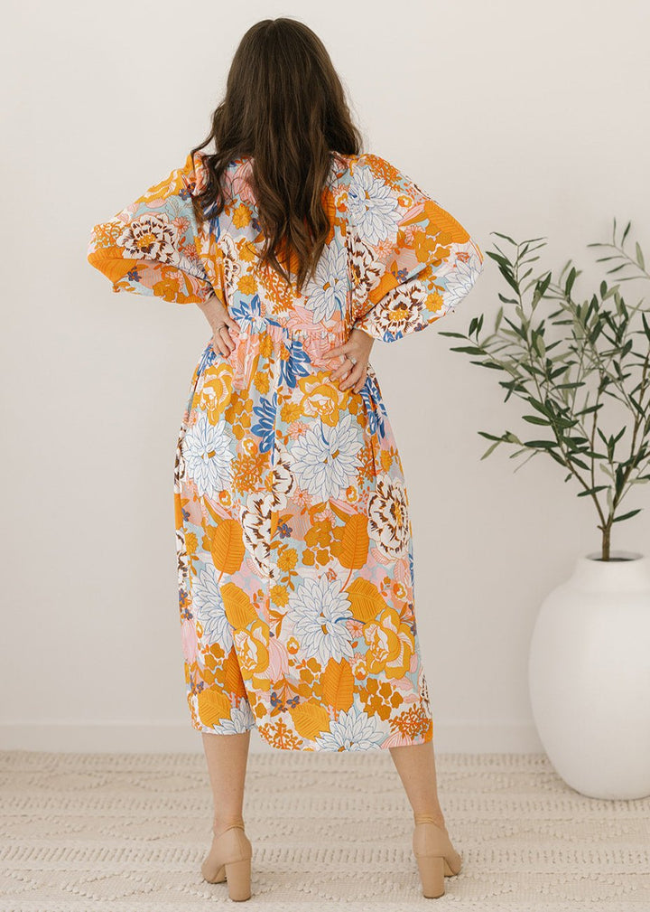 orange and blue floral smock-style maxi dress for women