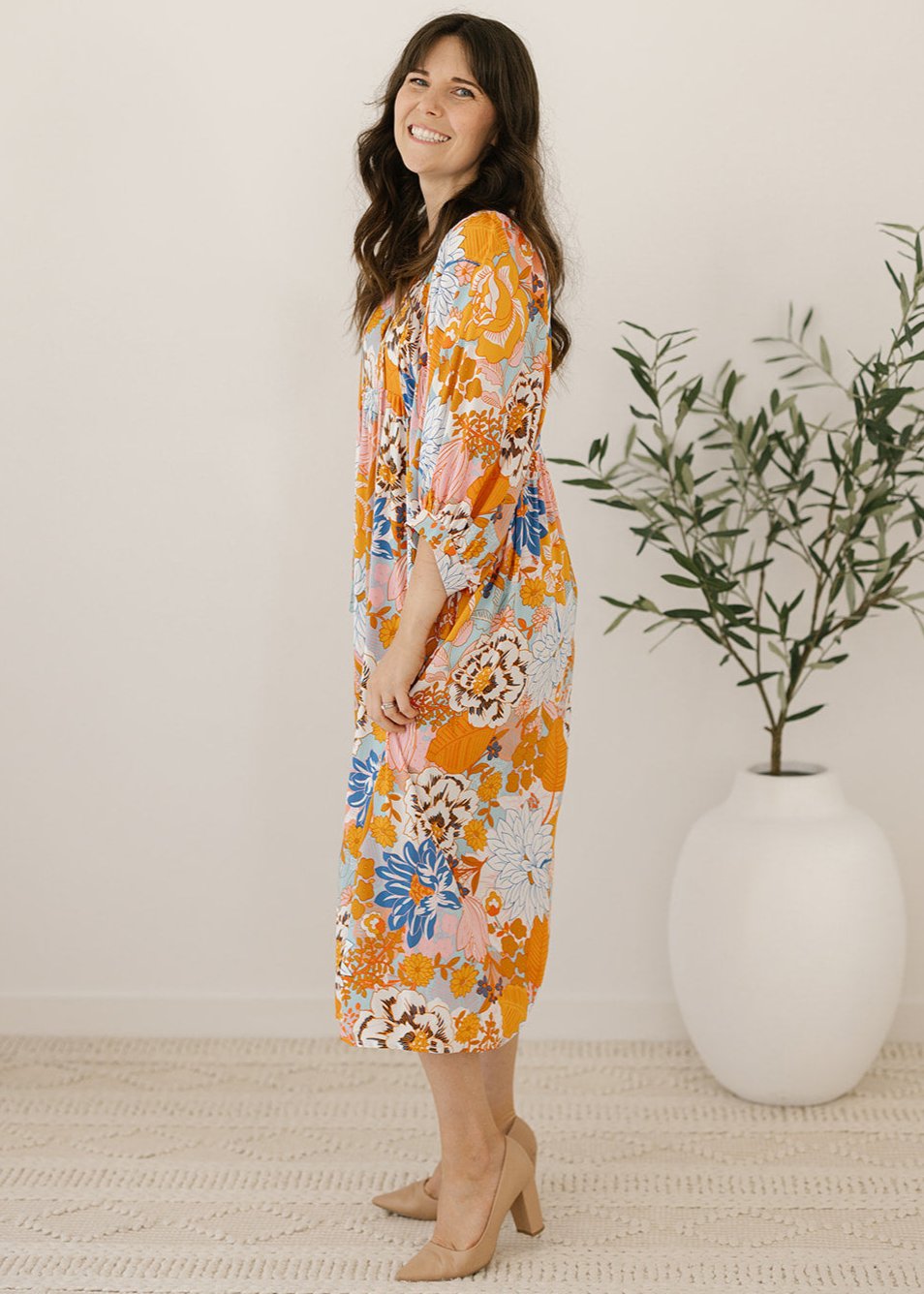 plus-size orange and blue floral-print maxi dress 