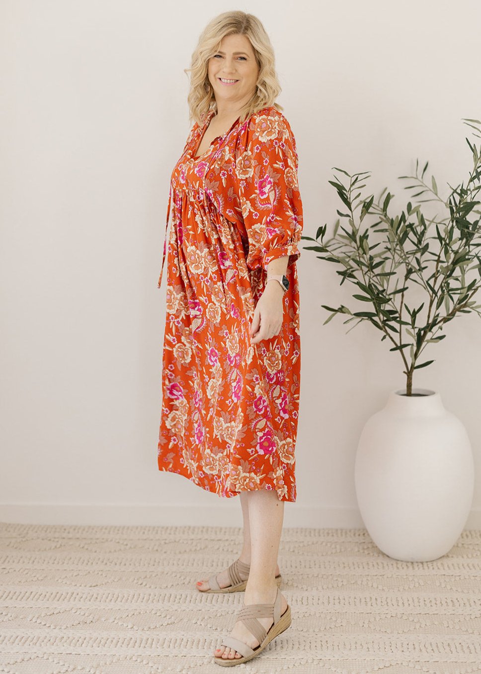 plus-size rust and pink floral-print maxi dress 