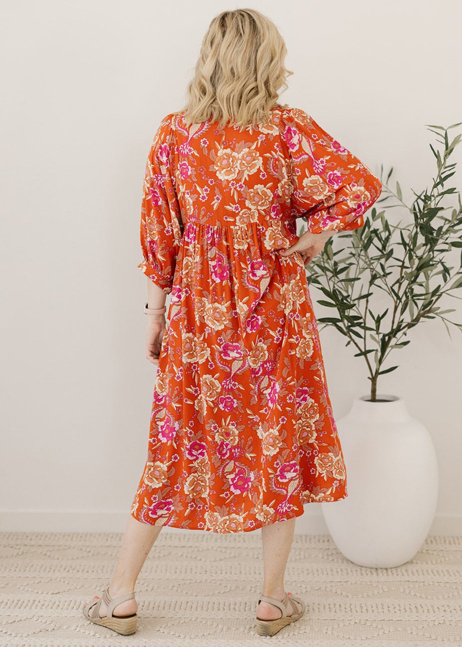 rust and pink floral smock-style maxi dress for women