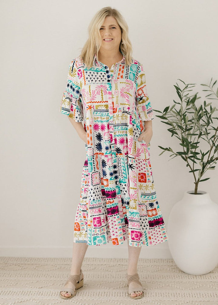 knee-length button-down white and multicoloured abstract dress with pockets