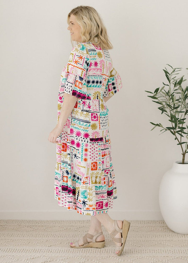 knee-length button-down white and multicoloured abstract dress with pockets