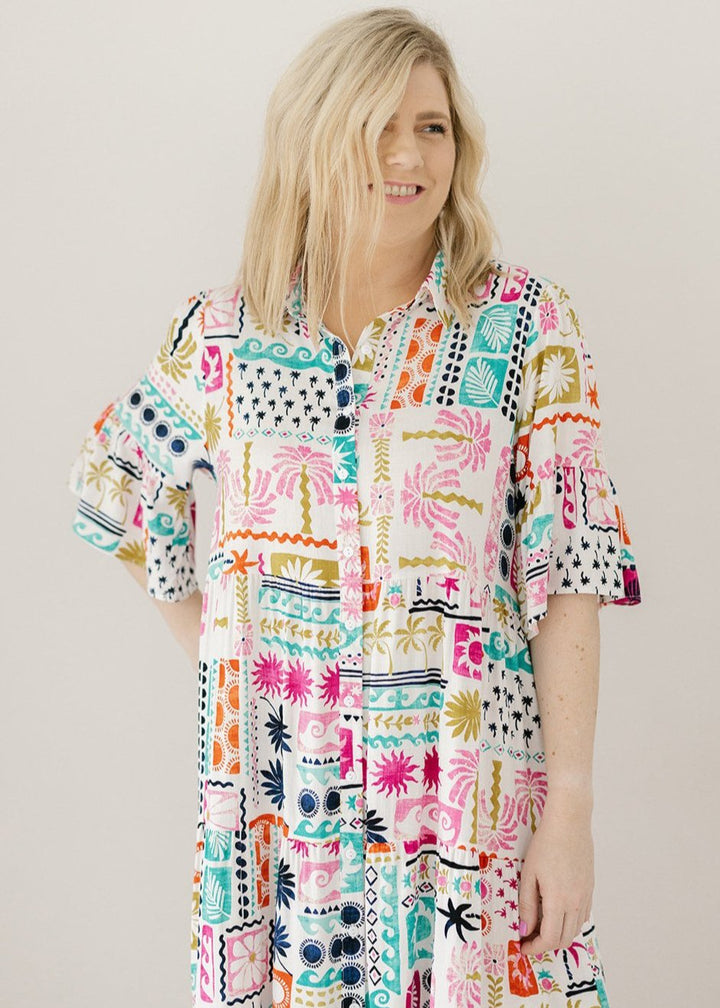 knee-length button-down white and multicoloured abstract dress with pockets