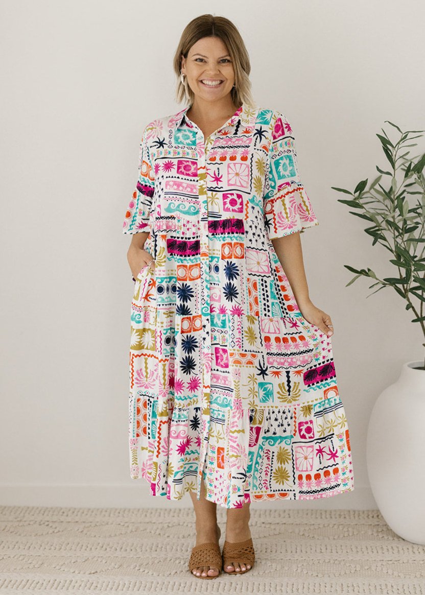 knee-length button-down white and multicoloured abstract dress with pockets