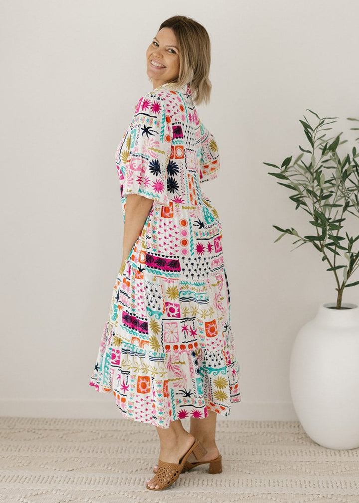 knee-length button-down white and multicoloured abstract dress with pockets