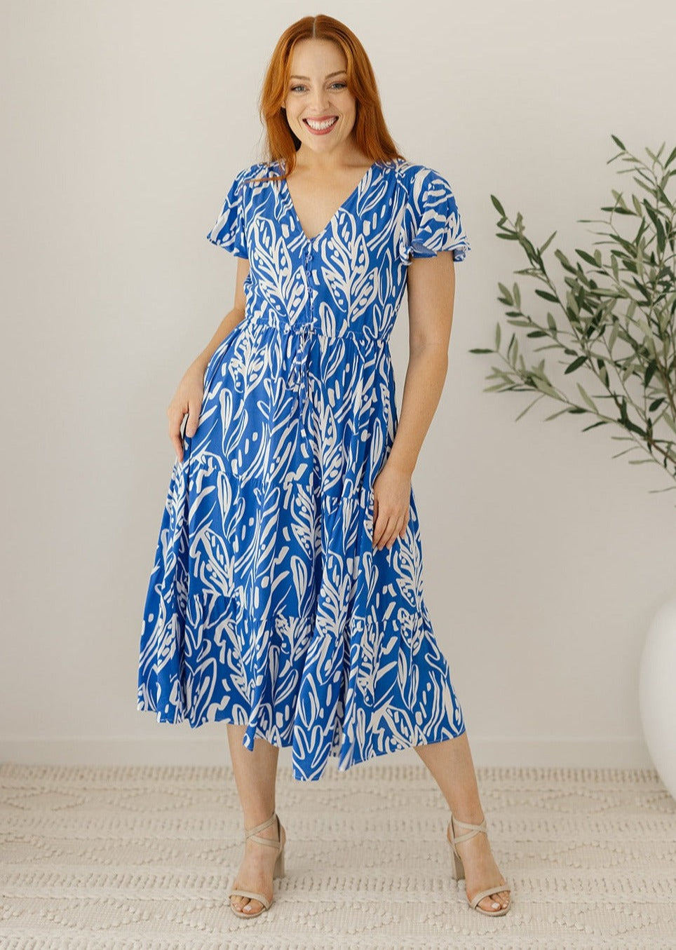 Tasmin Midi Dress - breast-feeding friendly blue and white abstract ...