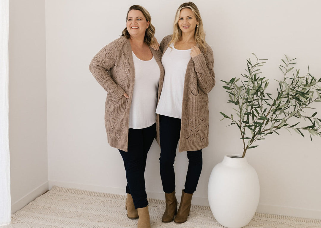 women's taupe cable-knit cardigan with pockets