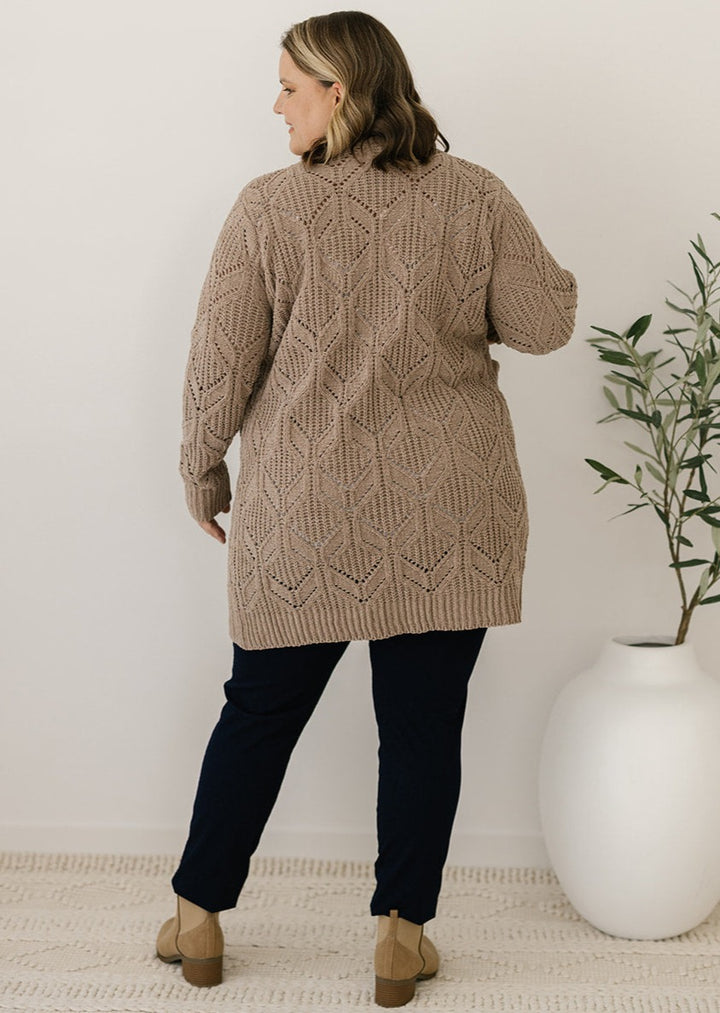 women's taupe cable-knit cardigan with pockets