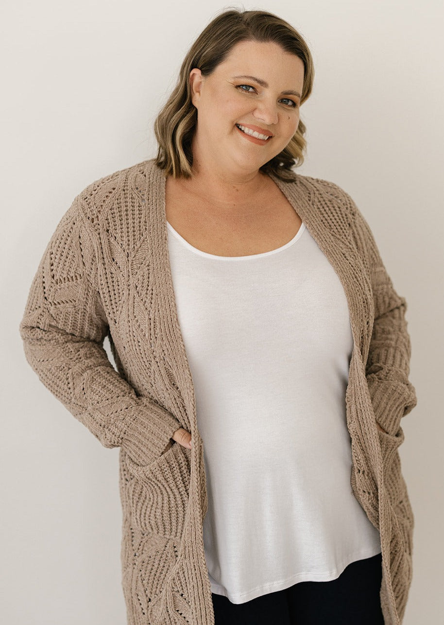 women's taupe cable-knit cardigan with pockets