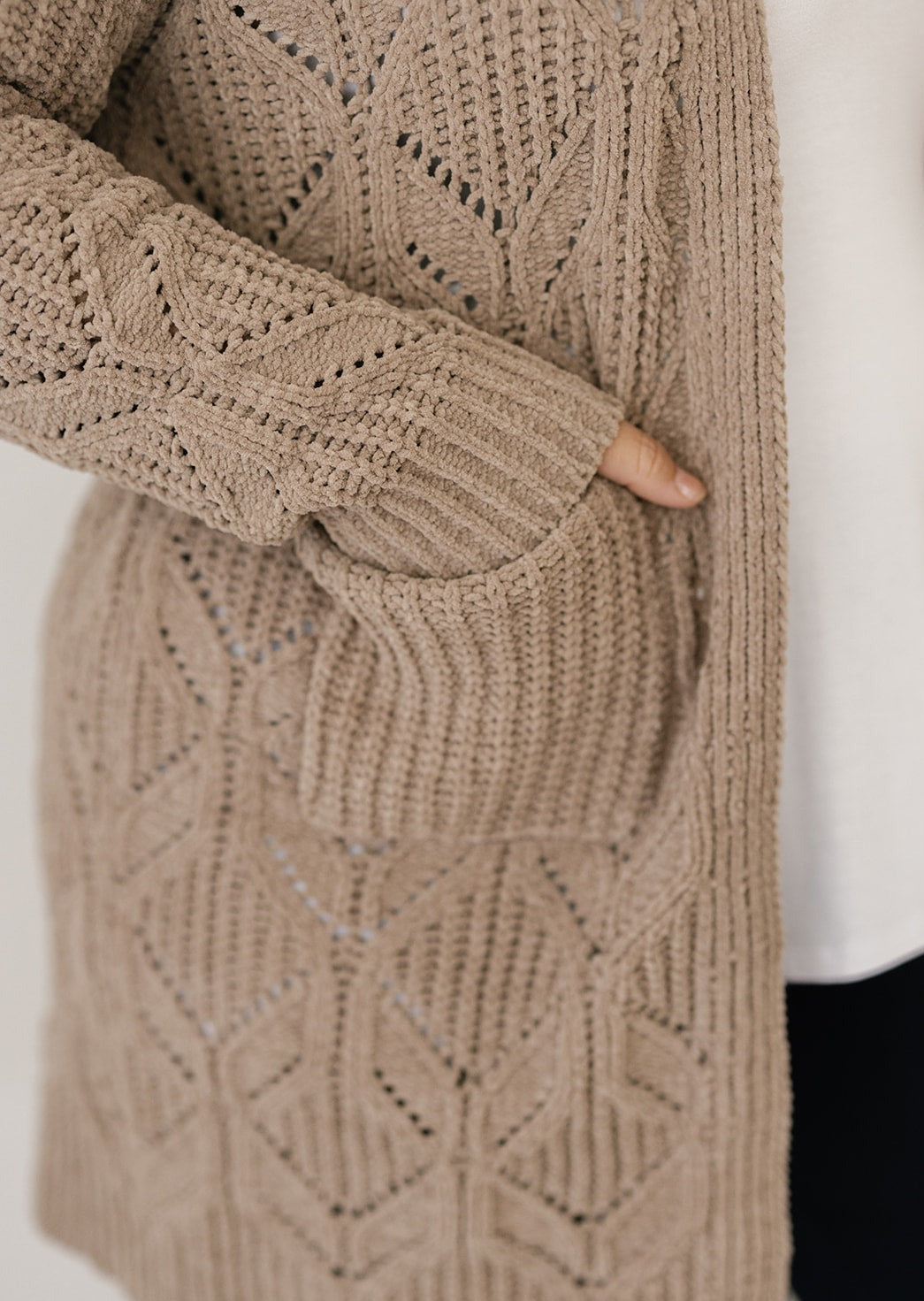 women's taupe cable-knit cardigan with pockets