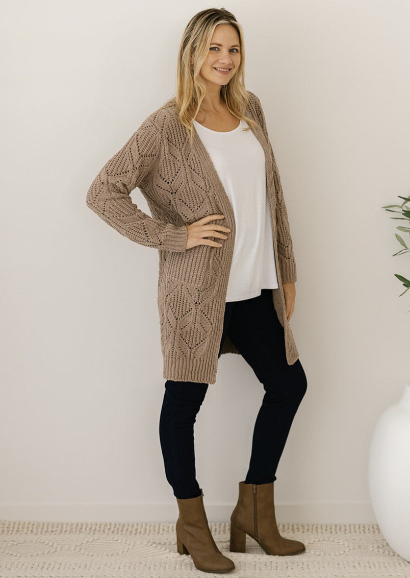 women's taupe cable-knit cardigan with pockets