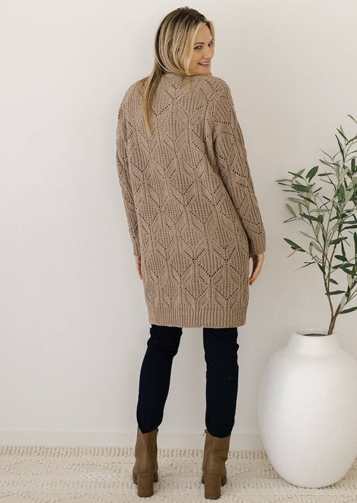 women's taupe cable-knit cardigan with pockets