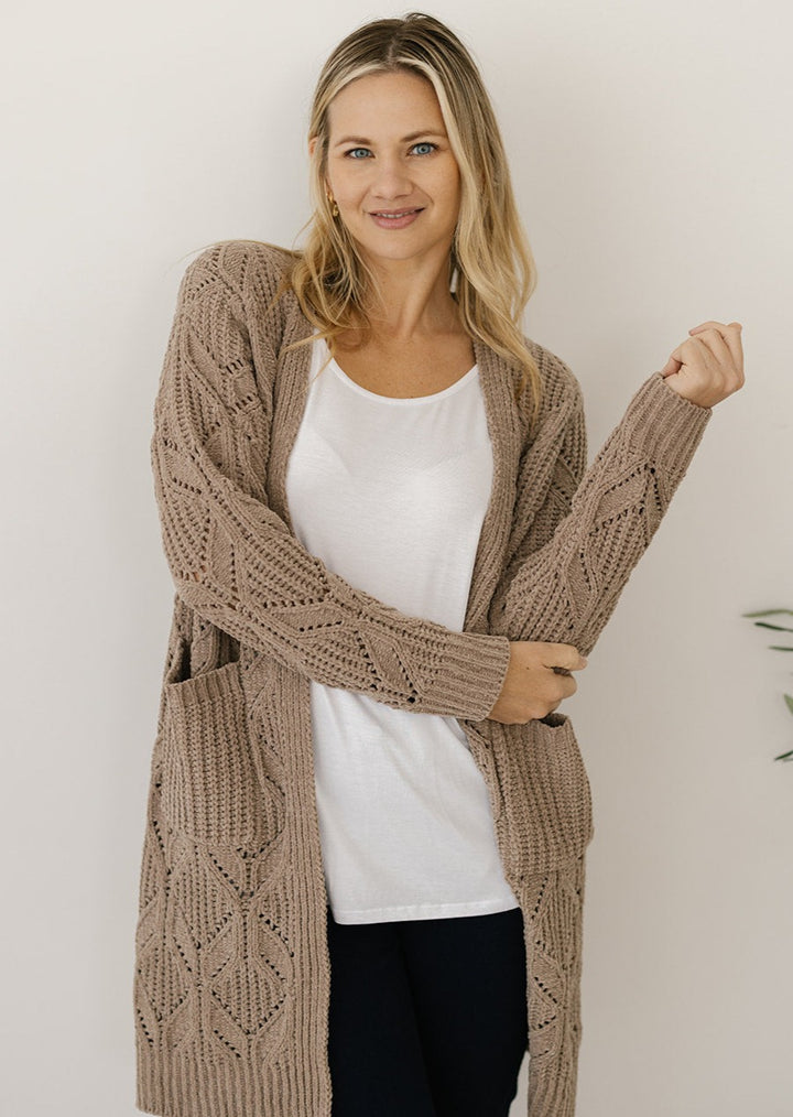 women's taupe cable-knit cardigan with pockets