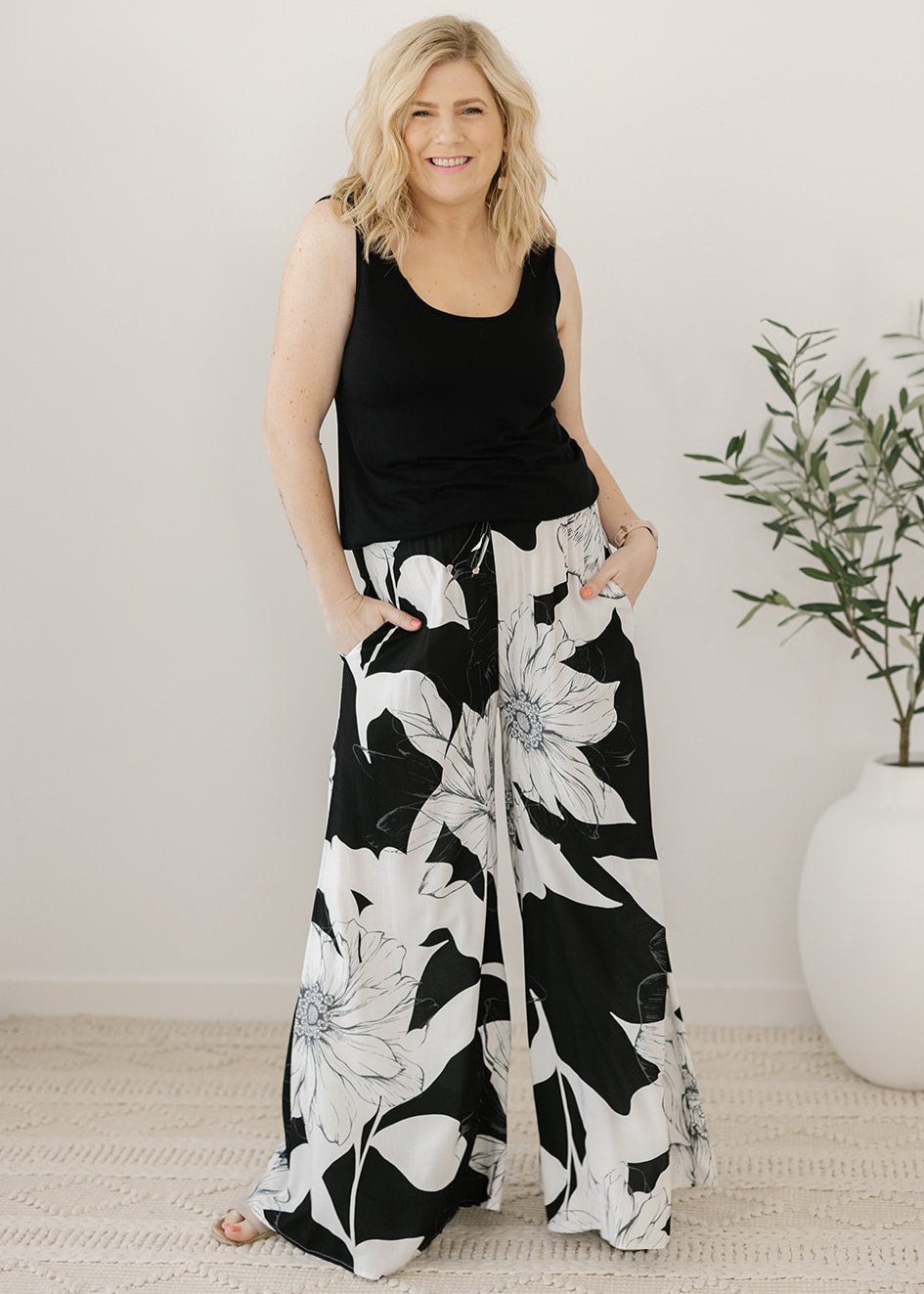 black and white floral wide-leg culottes