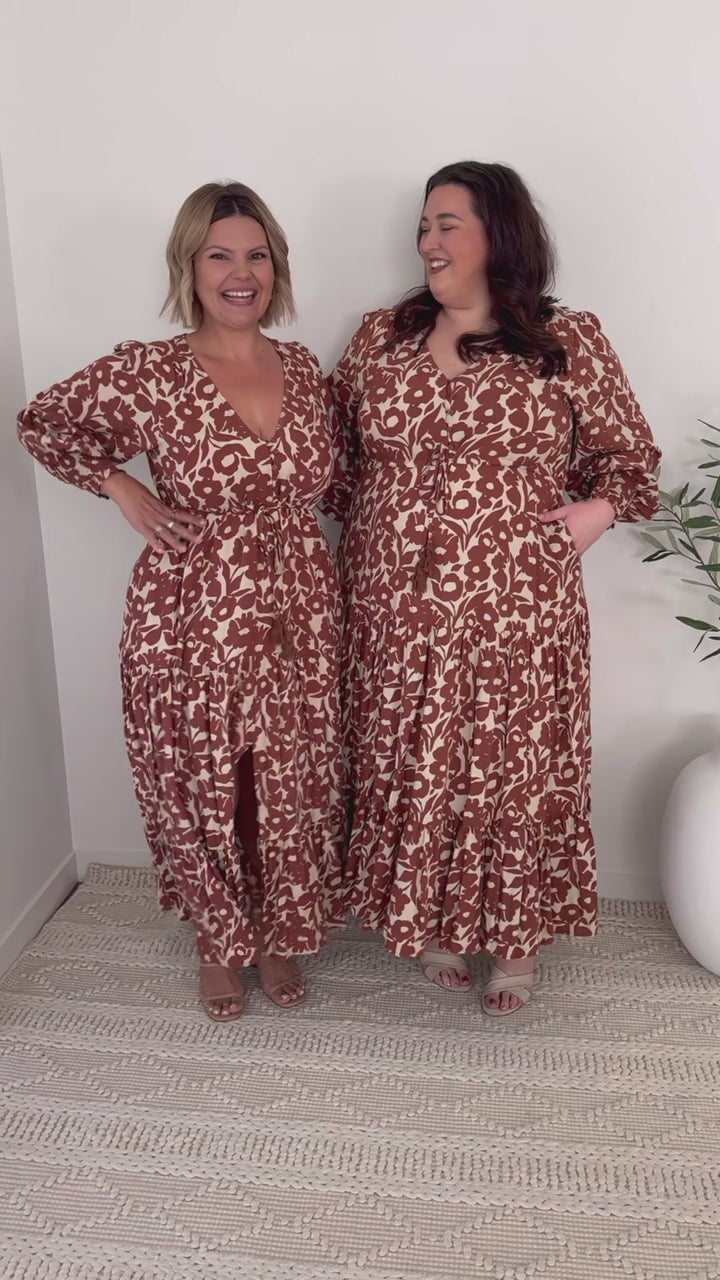 Plus-size brown floral maxi dress 